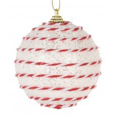 Χριστουγεννιάτικη Μπάλα Λευκή, με Οριζόντιες Ρίγες και Γκλίτερ (8cm)